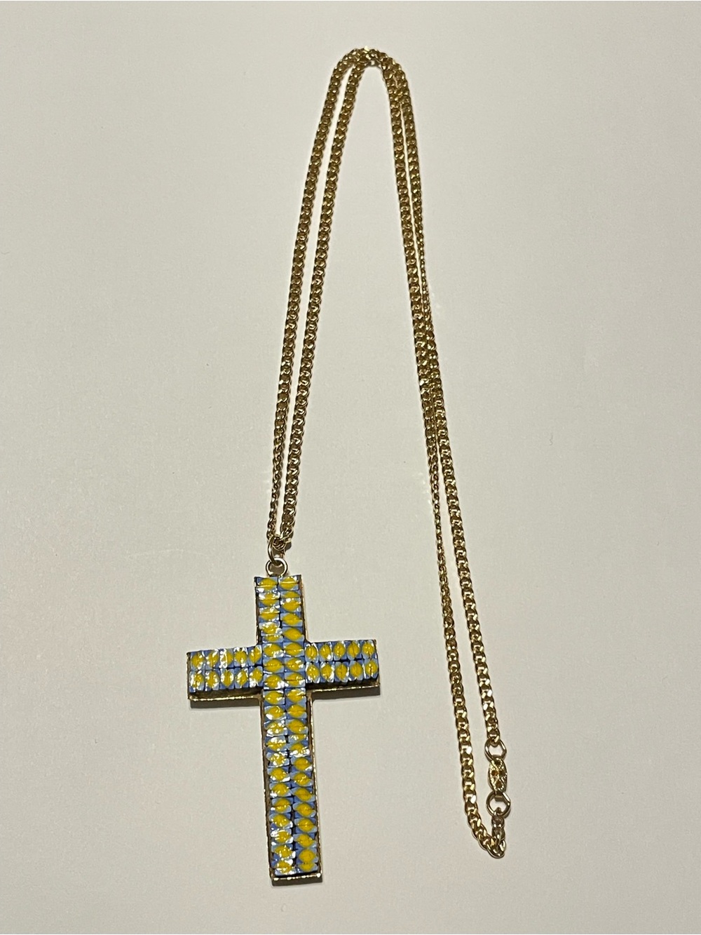 Vintage Mosaic Cross Statement Gold Tone Necklace #0208